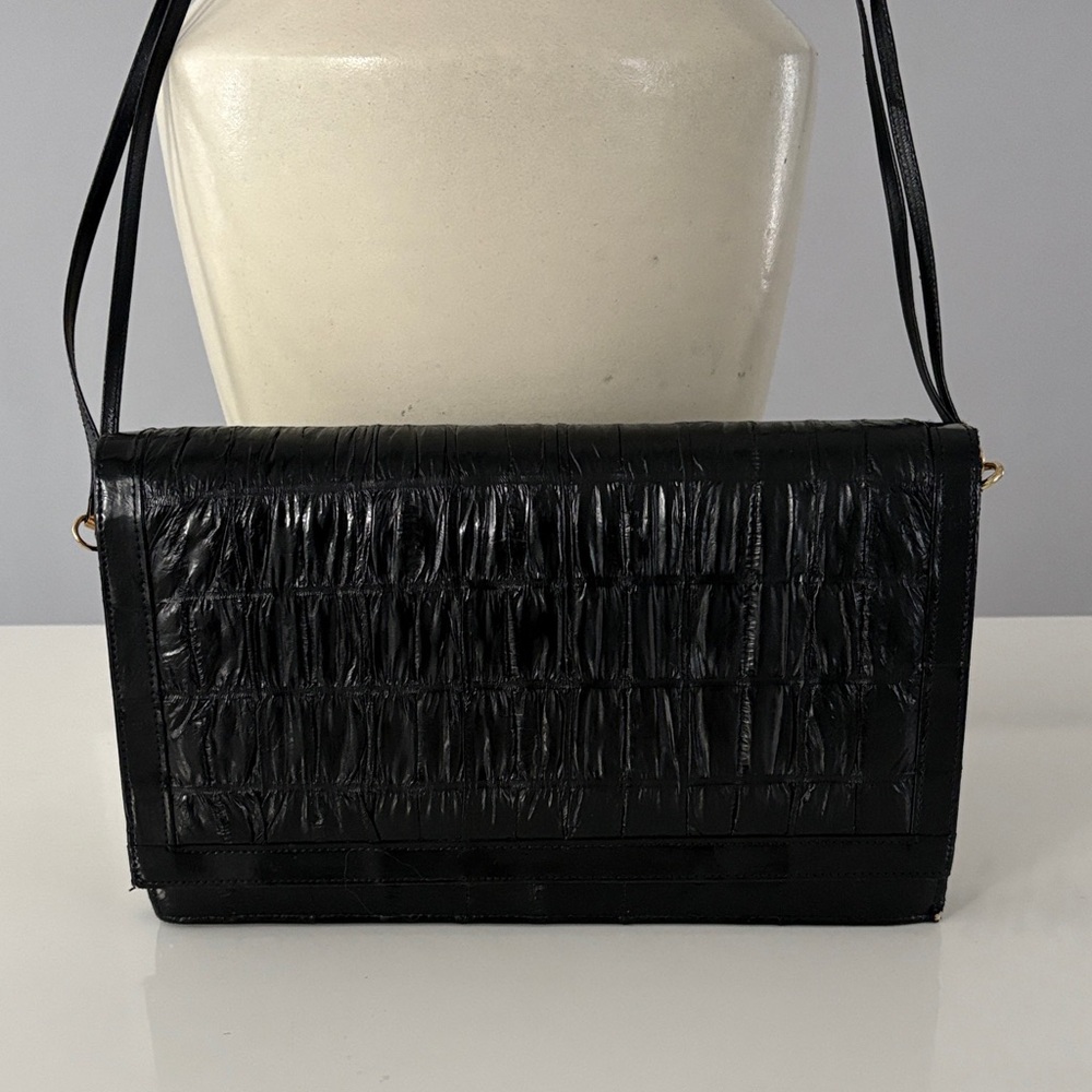 Vintage Ruched Black Genuine Eel Skin Clutch Crossbody Bag